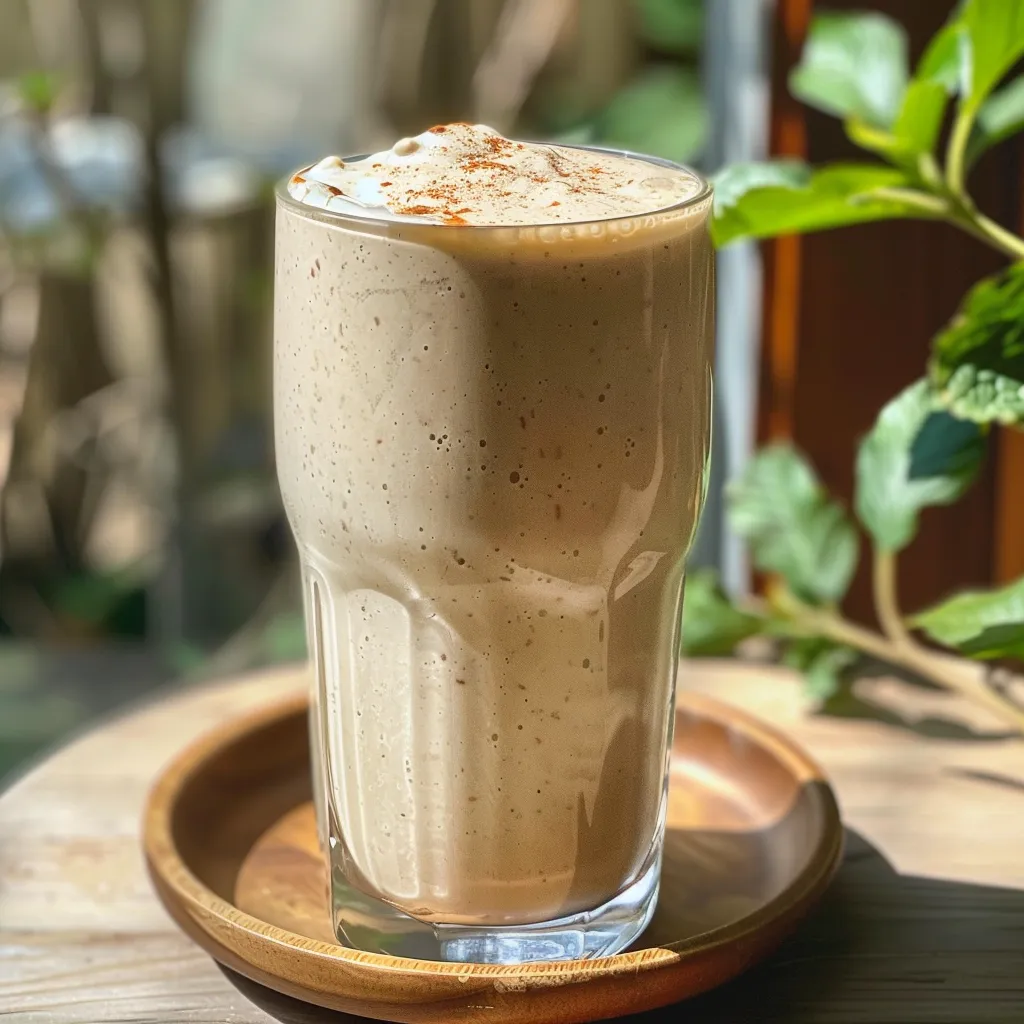 Close-up view of a Honey Vanilla Protein Milkshake, showing its smooth texture and frothy top.