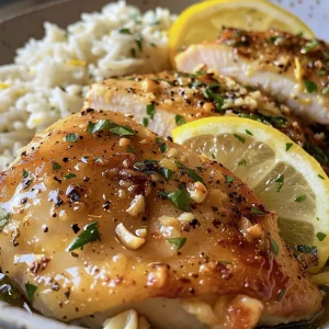 Close-up view of Lemon Garlic Chicken served with rice.