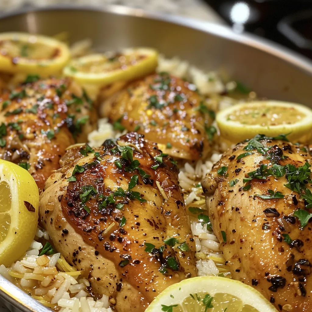 Juicy Lemon Garlic Chicken on a bed of fluffy white rice.