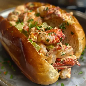 A close-up side view of a lobster roll showcasing its juicy filling.