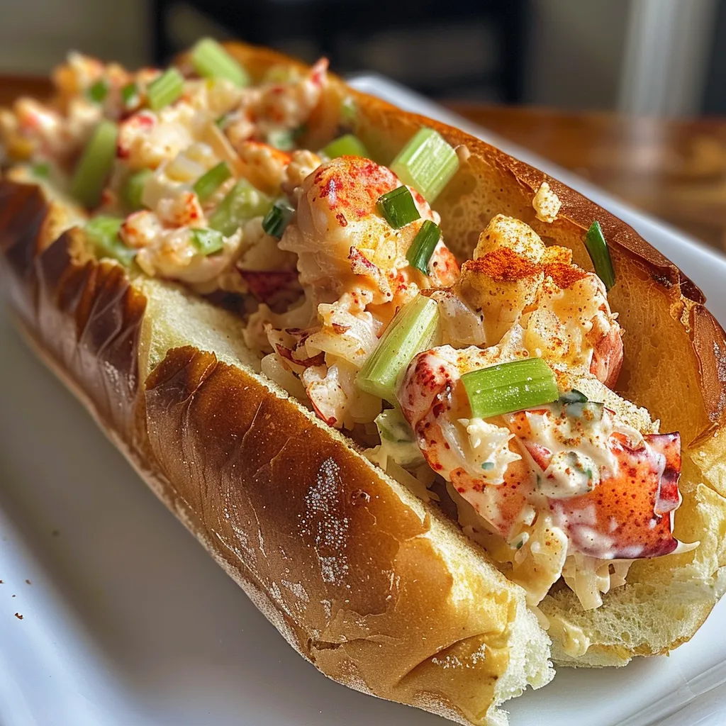 A vibrant lobster roll with visible chunks of lobster and fresh toppings.