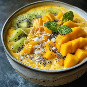 Close-up of a vibrant mango smoothie bowl topped with fresh fruit and coconut flakes.