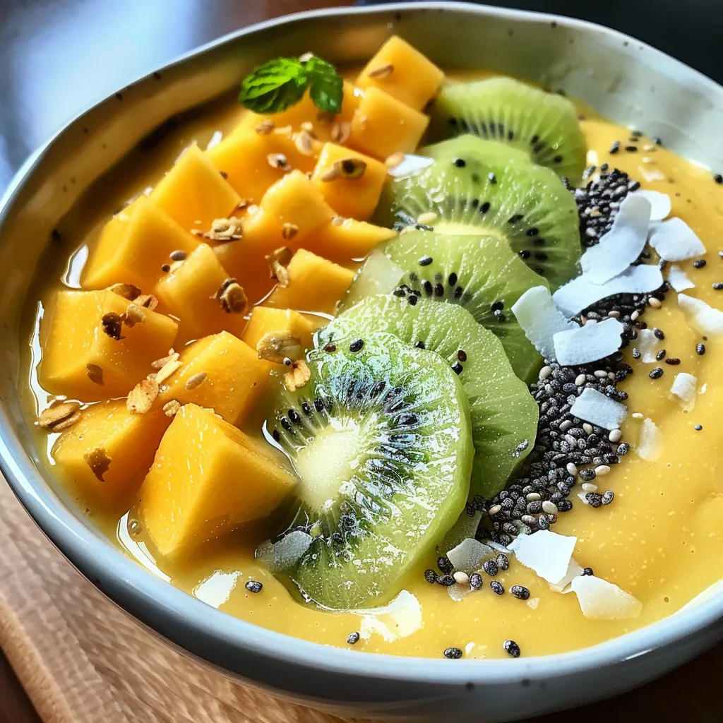 Side view of a colorful smoothie bowl featuring mango, kiwi, and chia seeds.
