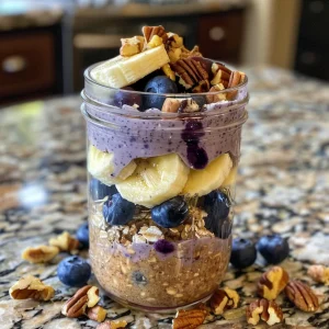 Close-up view of layered Mason Jar Breakfast Parfaits with blueberry banana bread, yogurt, bananas, and blueberries.
