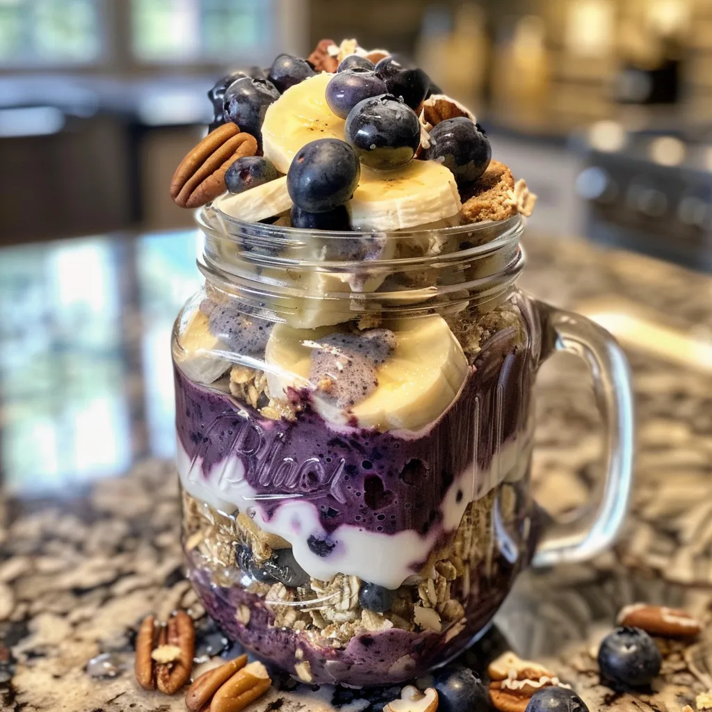 Side view of a Mason Jar filled with breakfast parfait featuring cubes of blueberry banana bread and fresh fruit.