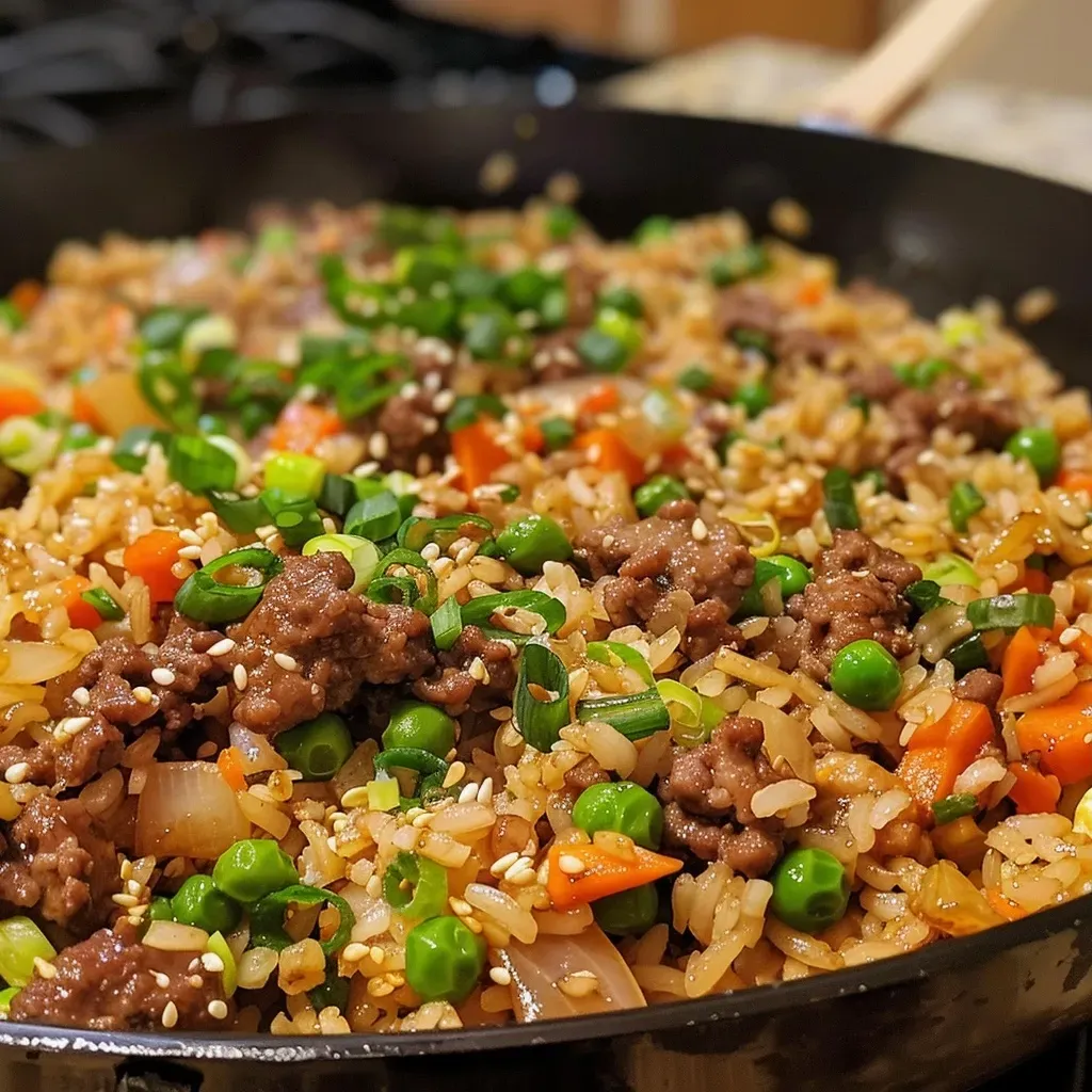 Close-up view of a colorful One-Pan Beef Teriyaki Rice Skillet with veggies.