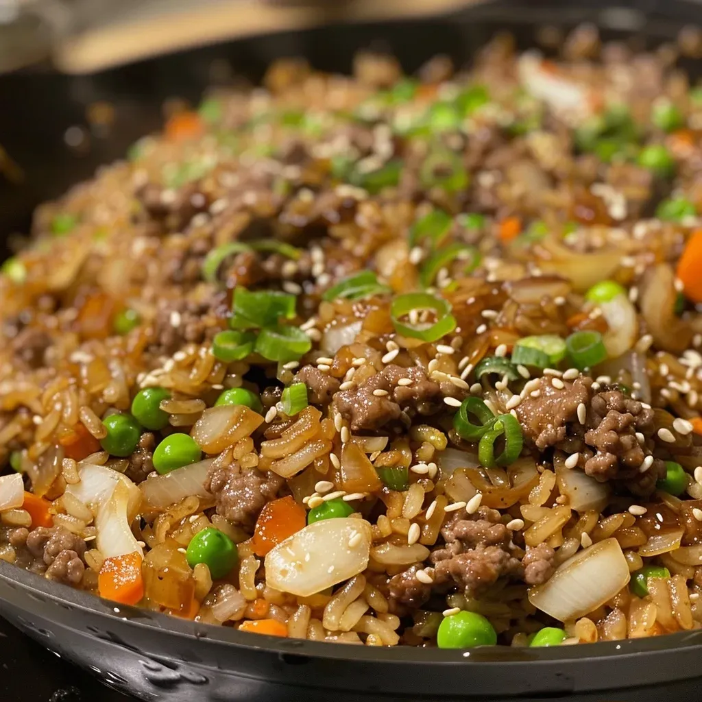 Juicy ground beef and rice dish garnished with scallions and sesame seeds.