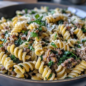 A close-up side view of a bowl filled with beef and garlic parmesan spinach pasta, showcasing the creamy texture and vibrant spinach.