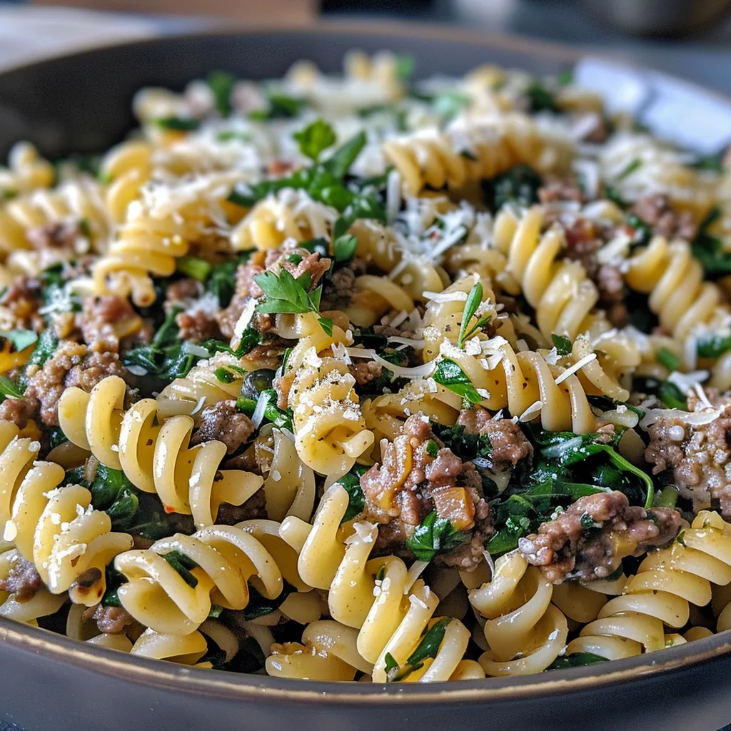 A close-up side view of a bowl filled with beef and garlic parmesan spinach pasta, showcasing the creamy texture and vibrant spinach.