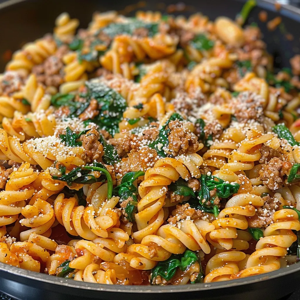 A detailed shot of one-pot beef and garlic parmesan spinach pasta, highlighting the ground beef, creamy sauce, and fresh spinach.