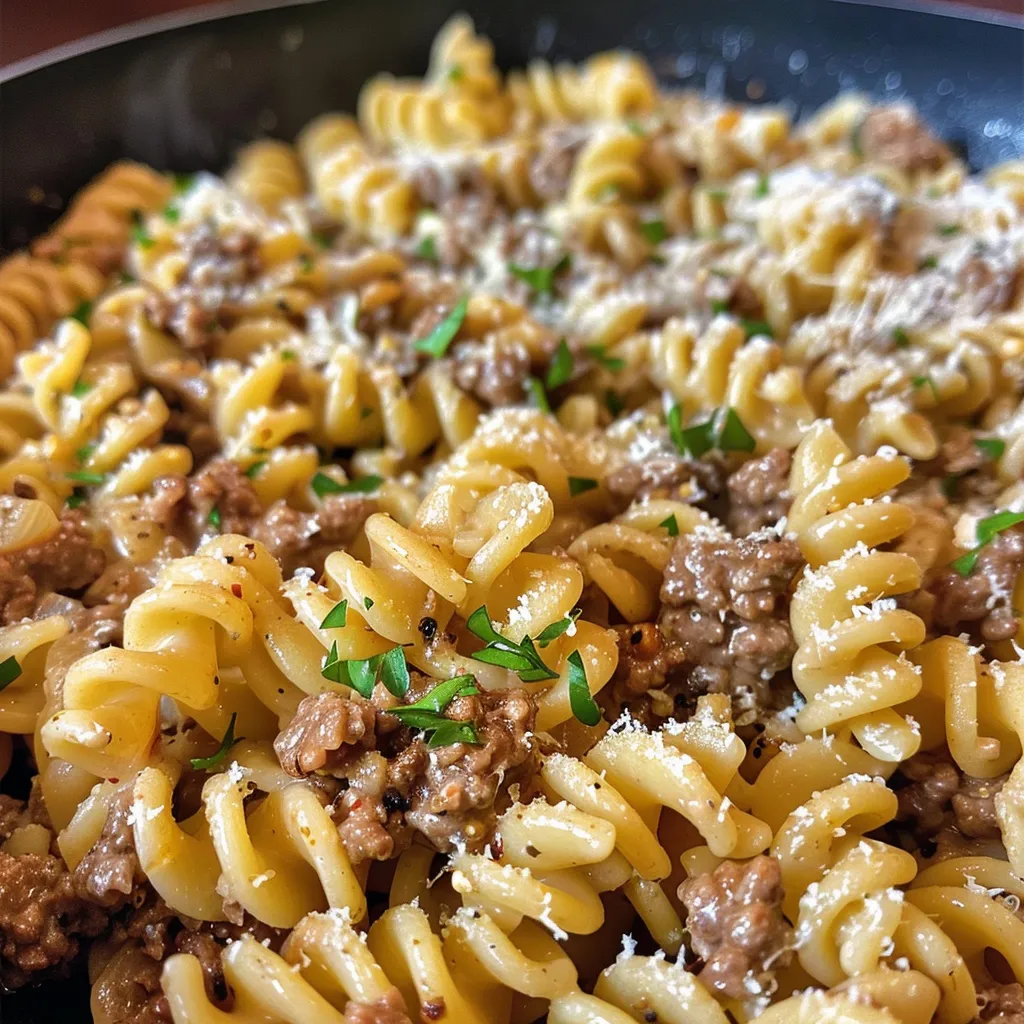A close-up view of creamy pasta topped with ground beef and garlic butter.