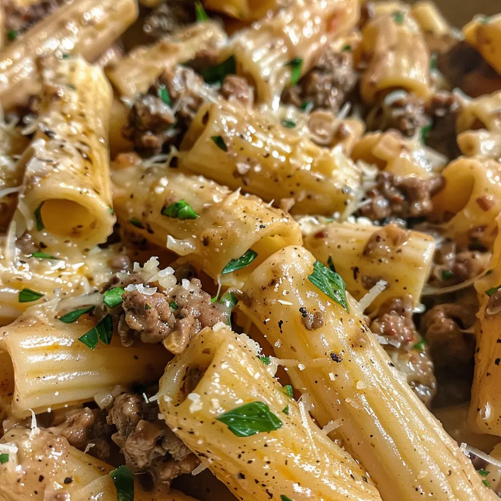 Close-up of One-Pot Creamy Beef and Garlic Butter Pasta in a bowl glistening with sauce.