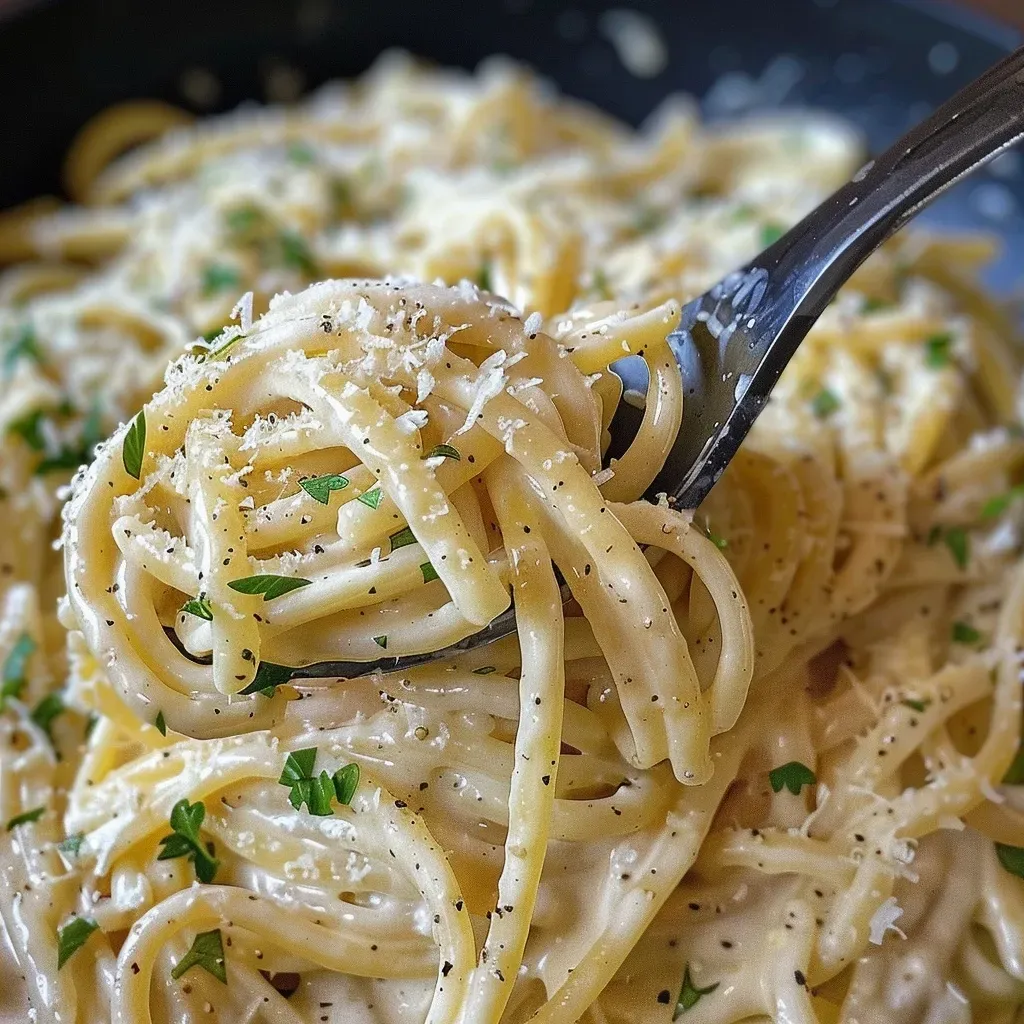 ['Close-up view of creamy garlic pasta topped with freshly grated Parmesan and herbs.', 'Juicy One Pot Creamy Garlic Pasta dish with a rich sauce and garlic cloves visible.', 'Side view of a bowl filled with creamy garlic pasta, glistening in natural light.', 'Delicious creamy pasta with garlic, salt, and pepper, garnished with green herbs.']