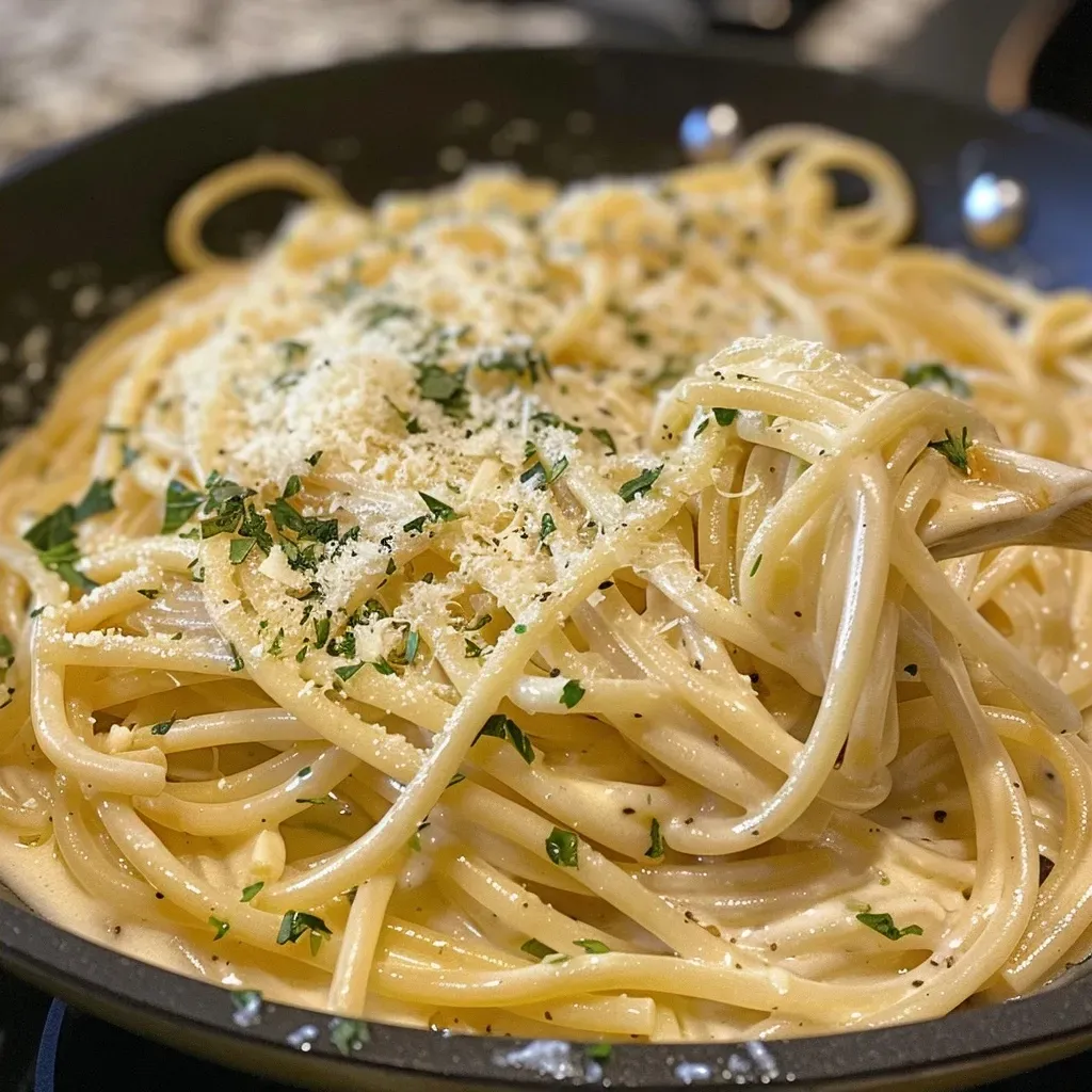 Juicy One Pot Creamy Garlic Pasta with a rich sauce and herbs.