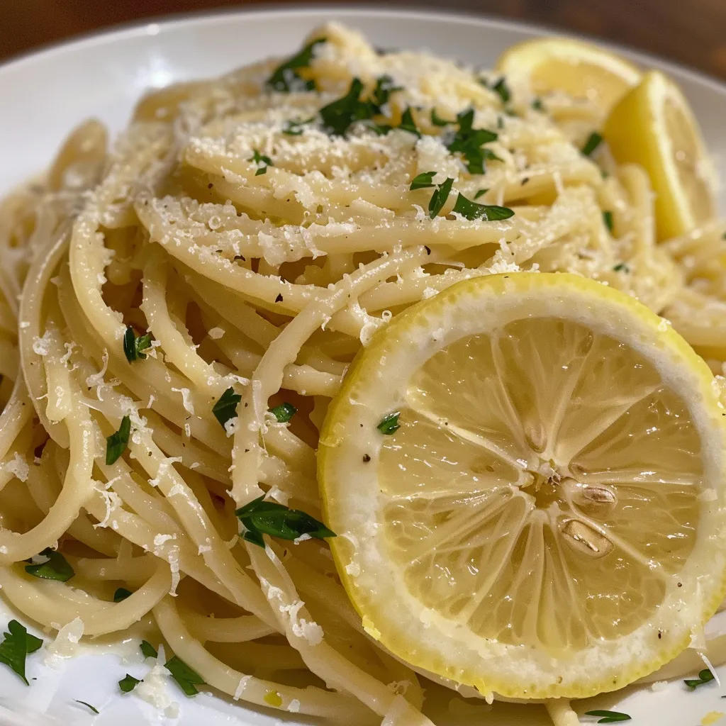 Close-up of creamy Pasta al Limone with lemon zest and parsley.
