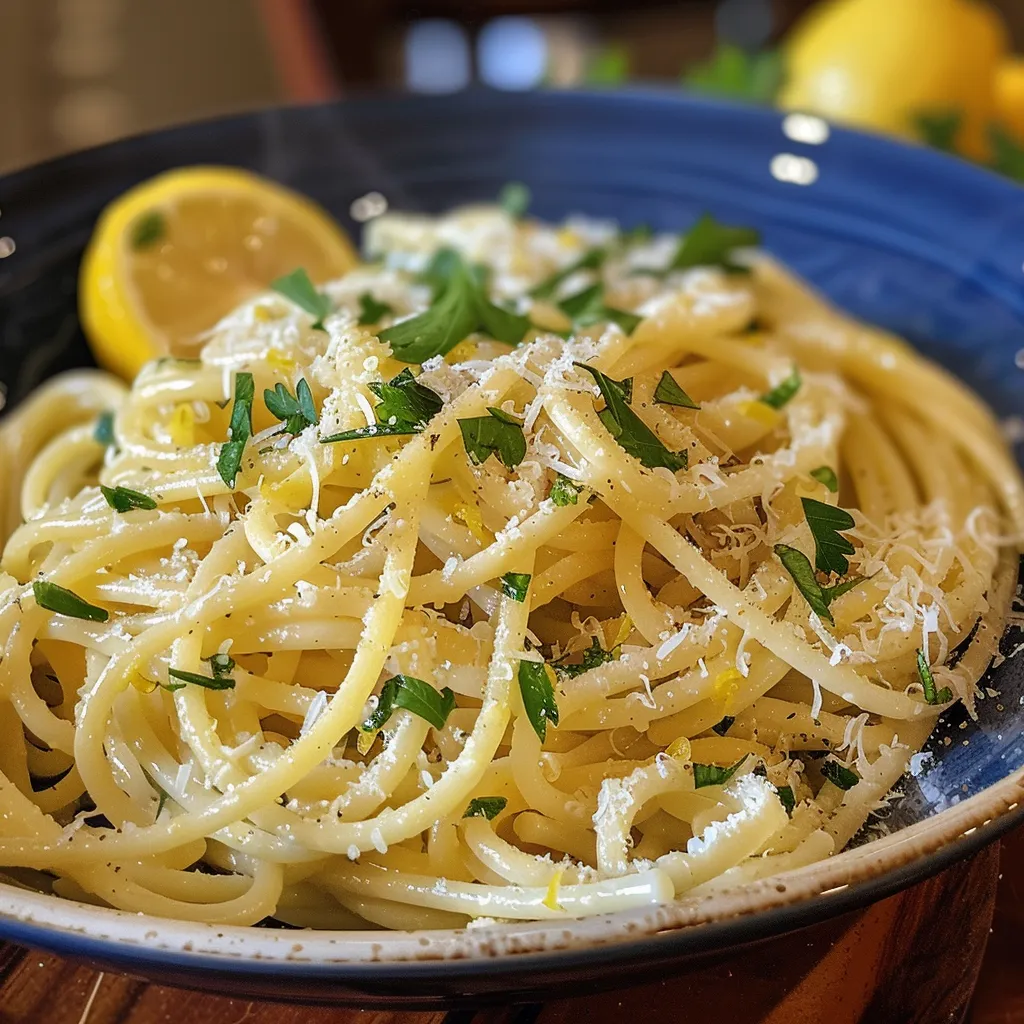 Side view of a bowl filled with luscious Pasta al Limone garnished with parsley.