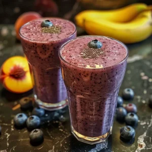 Close-up view of a creamy peach blueberry smoothie in a glass with fruit garnishes.