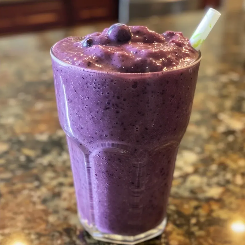 Side profile of a vibrant peach blueberry smoothie with a straw, placed on a wooden table.