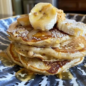 Close-up view of golden pancakes topped with banana slices and peanut butter.