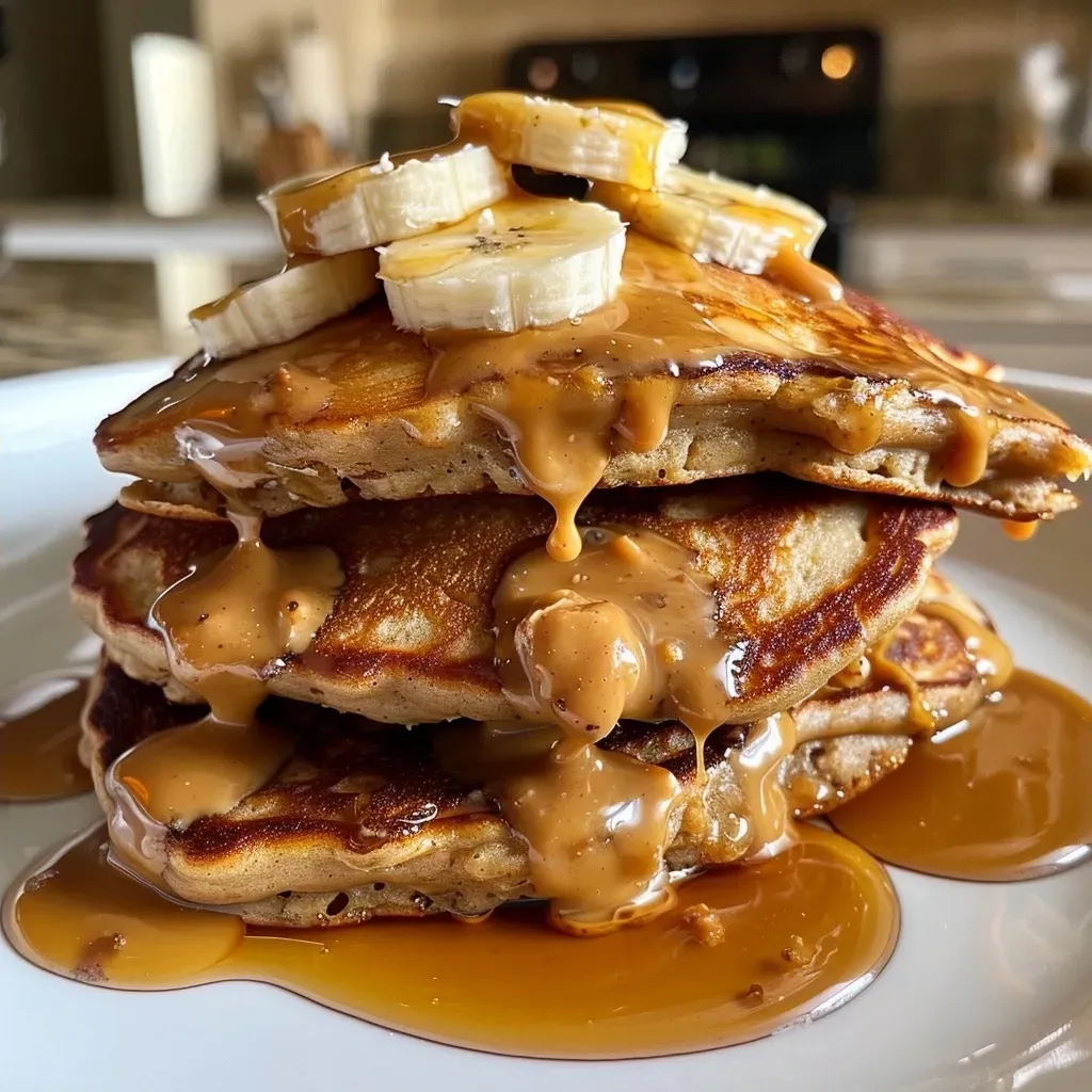 Side view of fluffy pancakes with dripping peanut butter and fresh banana on top.