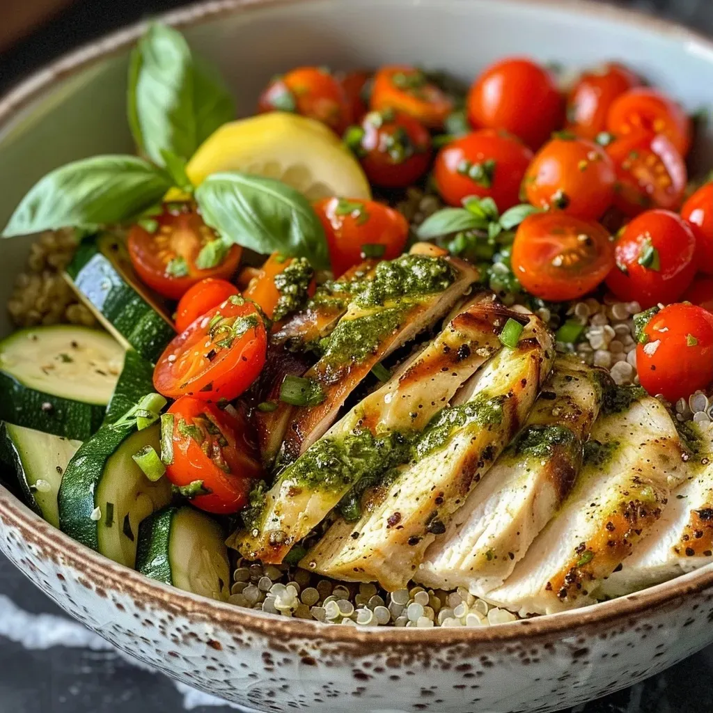 Close-up of a colorful Pesto Chicken Quinoa Bowl with fresh ingredients.