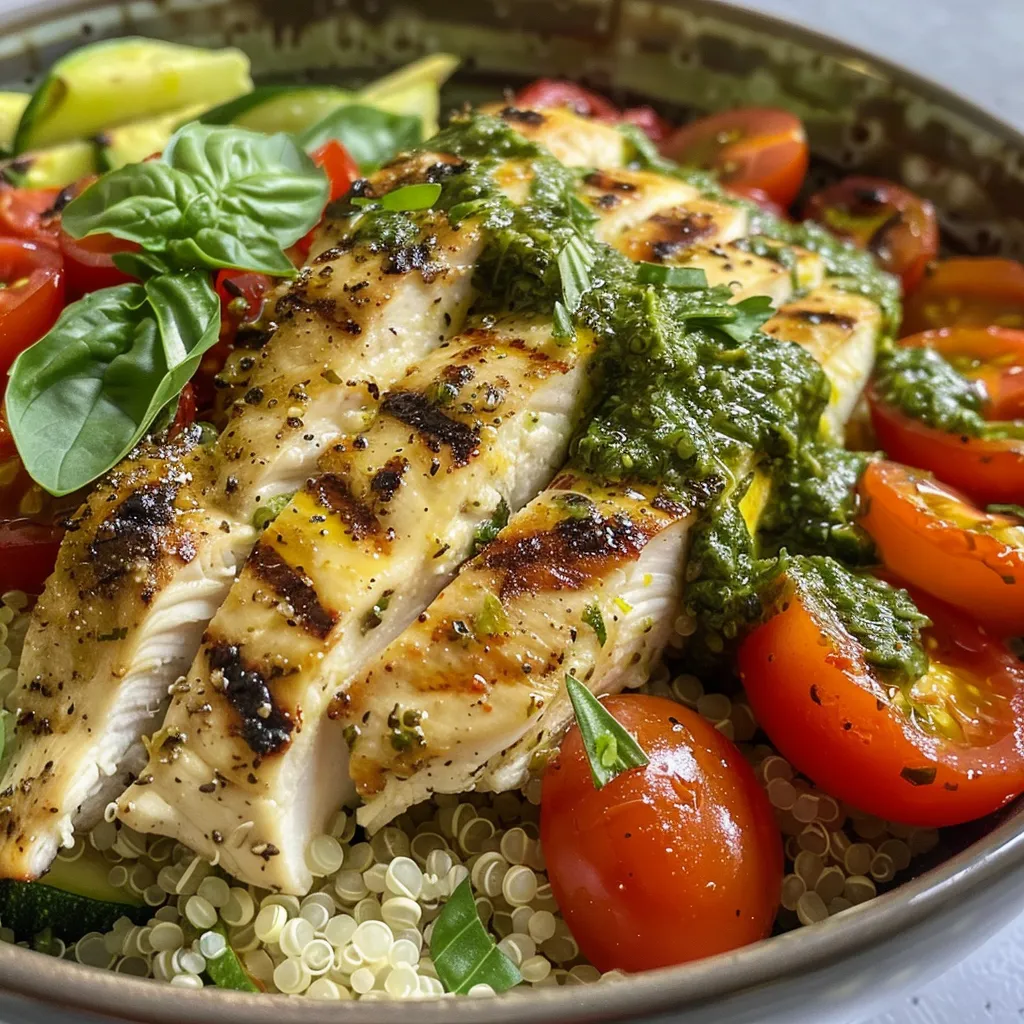 Close-up view of a colorful Pesto Chicken Quinoa Bowl with fresh ingredients.