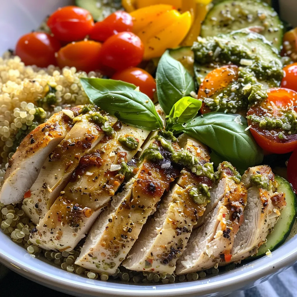 Juicy chicken and vibrant vegetables in a Pesto Chicken Quinoa Bowl on a plate.
