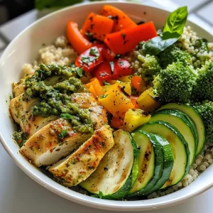 A colorful close-up of a quinoa bowl featuring juicy pesto chicken, zucchini, red bell pepper, and broccoli.
