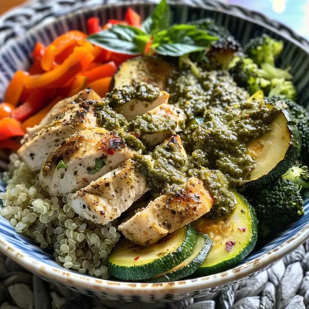 Side view of a vibrant quinoa bowl topped with slices of pesto chicken and fresh vegetables, garnished with basil.