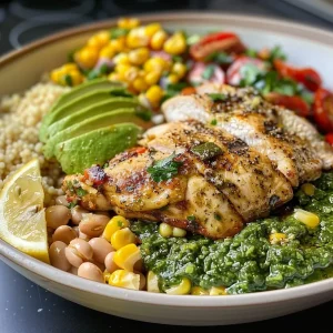 Juicy pesto chicken topped with corn and bean salsa, served on a plate.