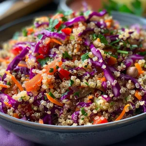 Close-up view of a colorful Quinoa and Red Cabbage Salad in a bowl.