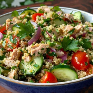 Close-up view of a vibrant Quinoa Tuna Salad with fresh vegetables.