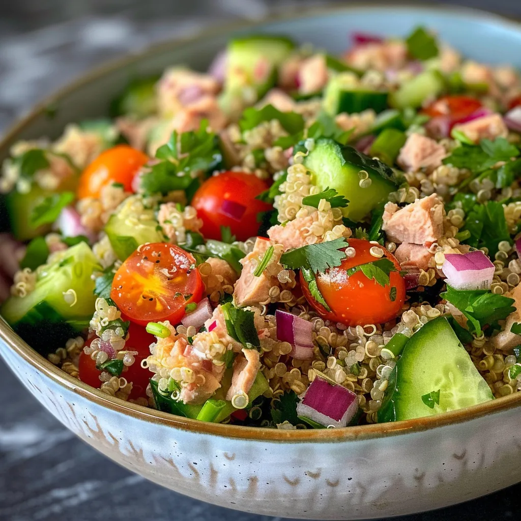 Side angle of a delicious Quinoa Tuna Salad garnished with parsley and cilantro.