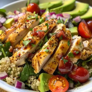 Close-up view of a colorful Ranch Chicken Quinoa Salad with various fresh ingredients.
