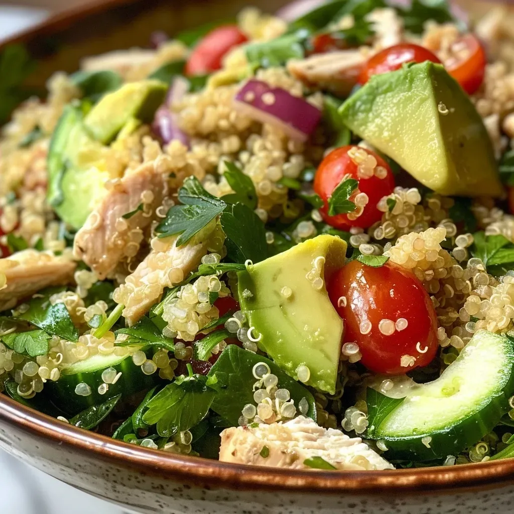 Freshly prepared Ranch Chicken Quinoa Salad featuring quinoa, chicken, and vibrant vegetables.