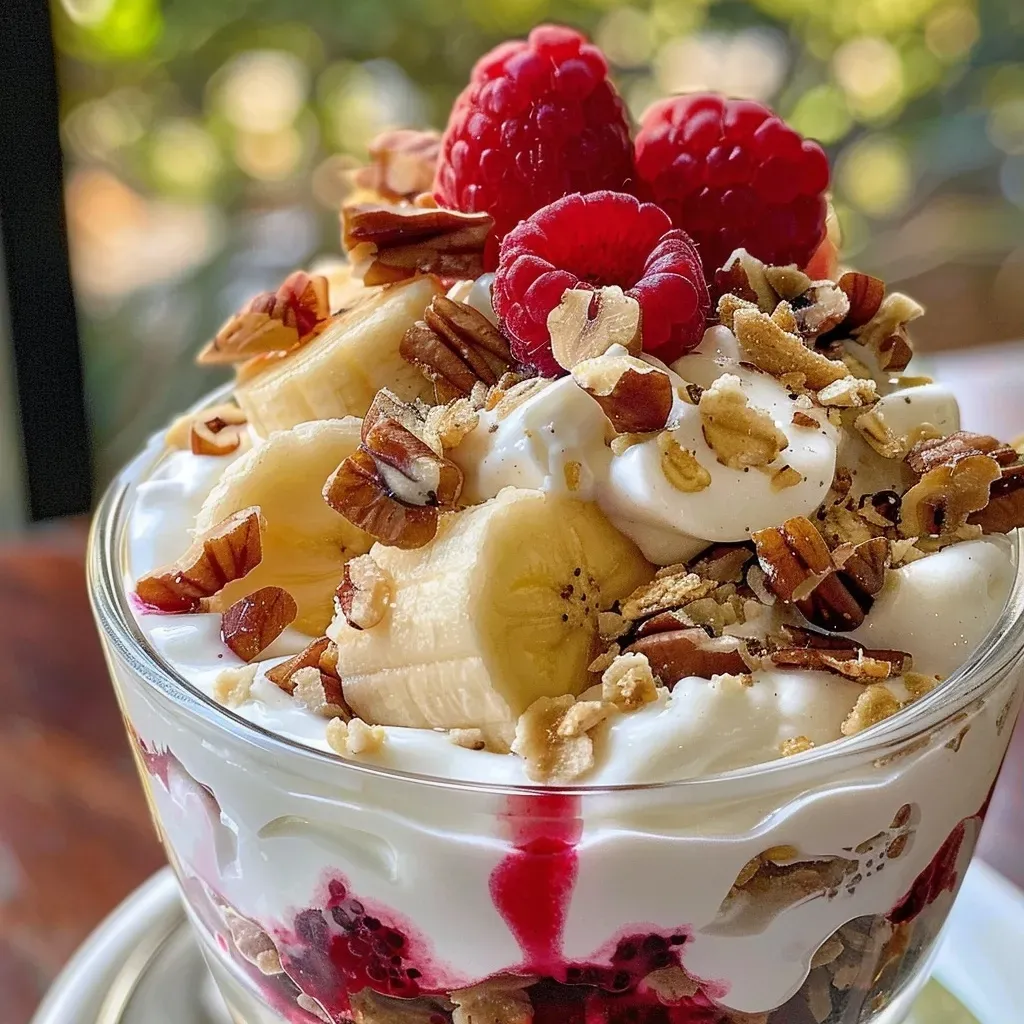 Close-up view of a Raspberry-Banana Yogurt Parfait layered with fruits and nuts.