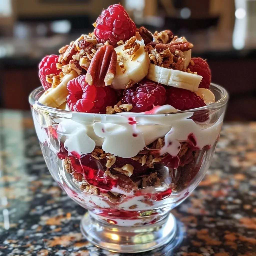 ['Close-up view of a Raspberry-Banana Yogurt Parfait with layers of fruit and yogurt.', 'Side view of a yogurt parfait featuring fresh raspberries and banana slices.', 'Juicy Raspberry-Banana Yogurt Parfait with visible layers of yogurt and toppings.', 'Colorful parfait showcasing raspberries, bananas, and Greek yogurt in a clear glass.']