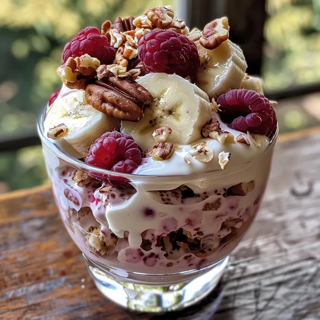 ['Close-up view of a Raspberry-Banana Yogurt Parfait with layers of fruit and yogurt.', 'Side view of a yogurt parfait featuring fresh raspberries and banana slices.', 'Juicy Raspberry-Banana Yogurt Parfait with visible layers of yogurt and toppings.', 'Colorful parfait showcasing raspberries, bananas, and Greek yogurt in a clear glass.']