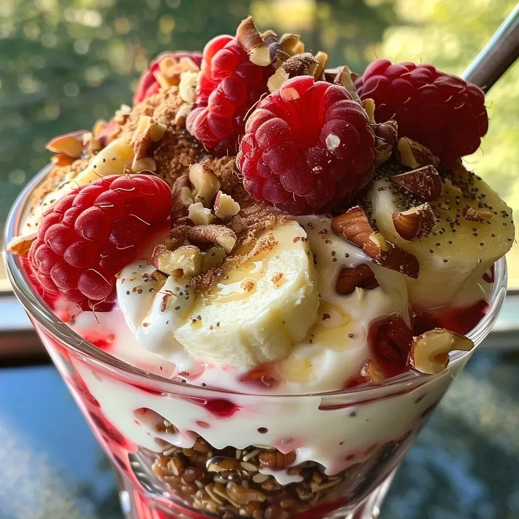 Side view of layered yogurt parfait with raspberries and banana slices in a glass.