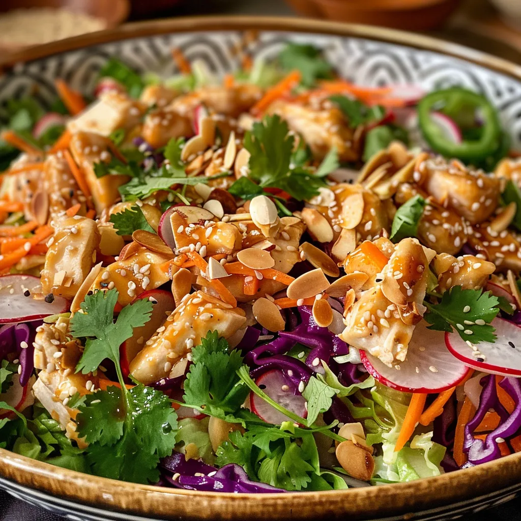 A close-up view of a sesame chicken salad featuring sliced chicken, colorful vegetables, and sesame seeds.
