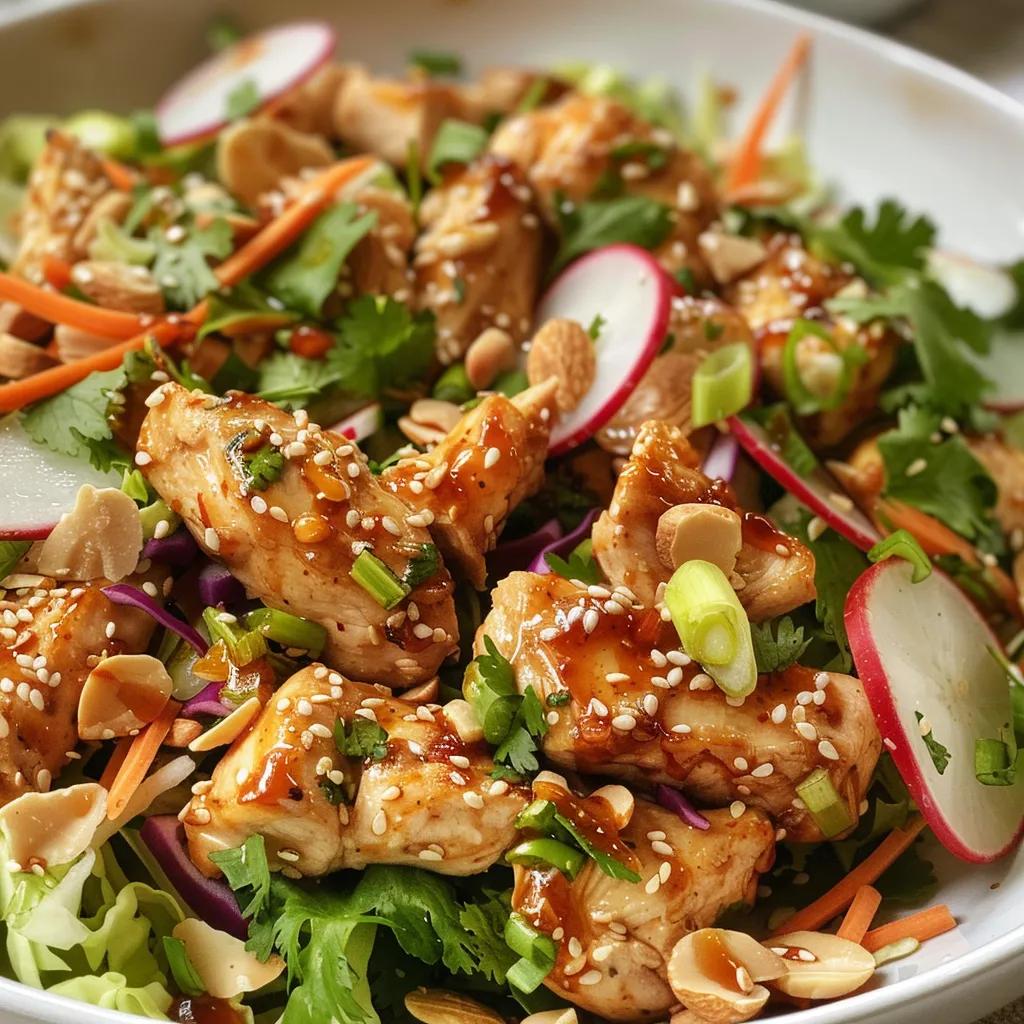 Juicy sesame chicken salad with shredded cabbage, carrots, and garnishes, captured from the side.