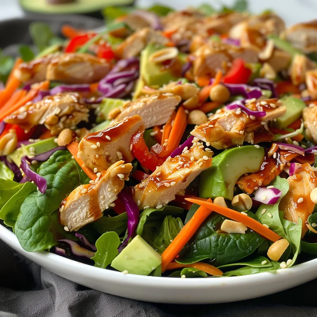 A colorful bowl of sesame ginger chicken salad featuring greens, shredded carrots, and avocado.