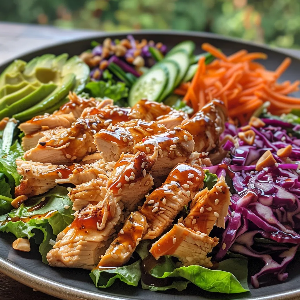 An appetizing close-up of sesame ginger chicken salad with vibrant vegetables and sliced chicken.