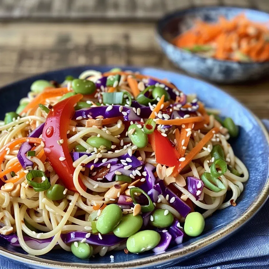 ['Close-up view of a vibrant vegan Sesame Ginger Noodle Salad featuring colorful vegetables and noodles.', 'Side view of a delicious Sesame Ginger Noodle Salad with bright red peppers, purple cabbage, and edamame.', 'Detailed image of a freshly made Sesame Ginger Noodle Salad, showcasing the ingredients and dressing.', 'Close-up photograph of a bowl of vegan Sesame Ginger Noodle Salad, garnished with sesame seeds and green onions.']