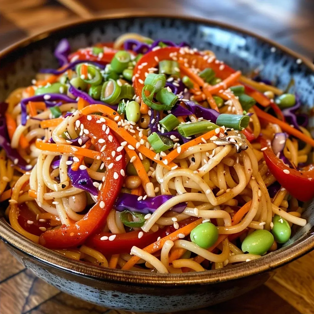 ['Close-up view of a vibrant vegan Sesame Ginger Noodle Salad featuring colorful vegetables and noodles.', 'Side view of a delicious Sesame Ginger Noodle Salad with bright red peppers, purple cabbage, and edamame.', 'Detailed image of a freshly made Sesame Ginger Noodle Salad, showcasing the ingredients and dressing.', 'Close-up photograph of a bowl of vegan Sesame Ginger Noodle Salad, garnished with sesame seeds and green onions.']