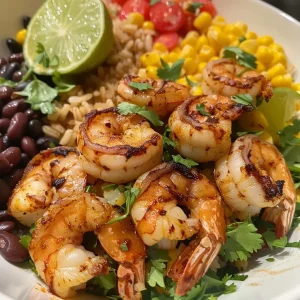 A close-up view of vibrant shrimp taco bowls with colorful ingredients.