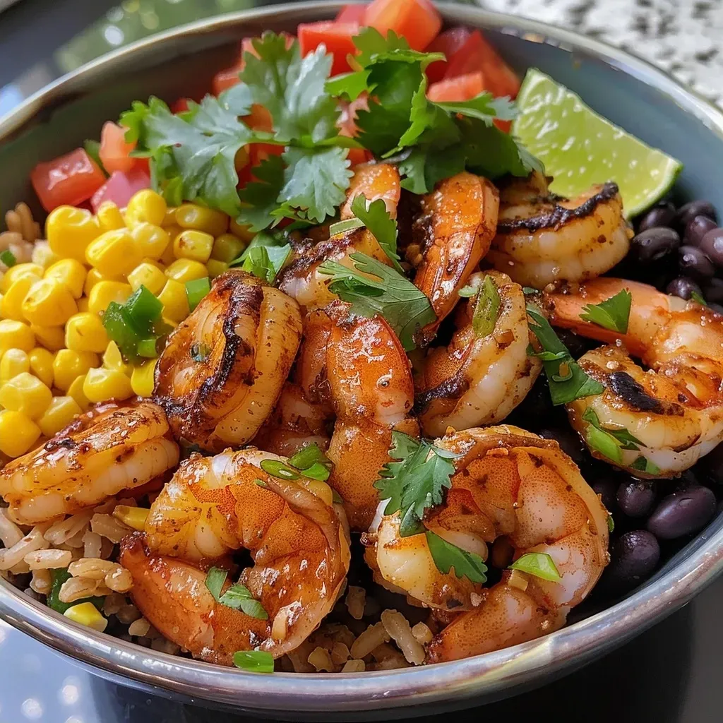 Juicy shrimp taco bowls featuring rice, beans, corn, and fresh herbs.