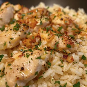 Close-up view of a Skillet Garlic Chicken and Rice Casserole with juicy chicken pieces and rice.