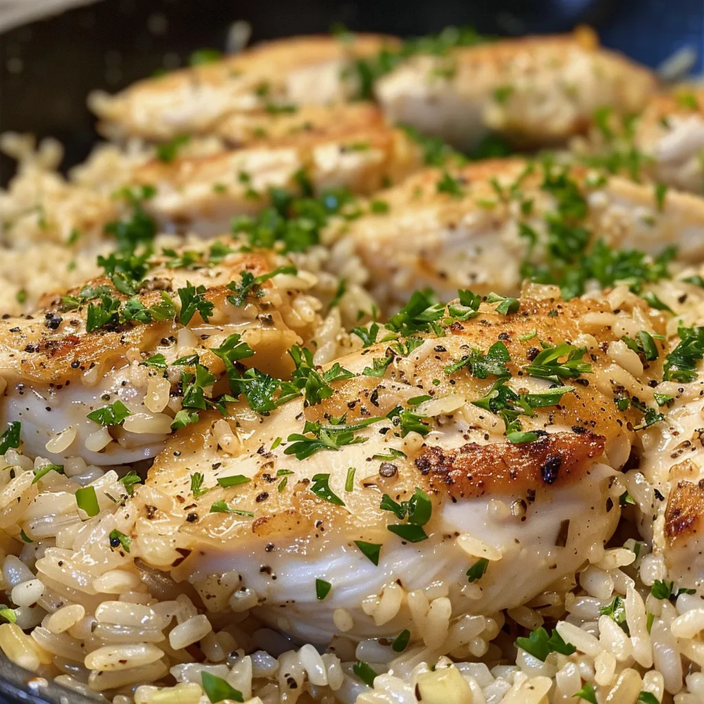 Side profile of a delicious Skillet Garlic Chicken and Rice Casserole showcasing chicken, rice, and herbs.
