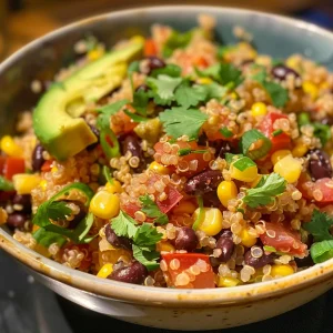 Close-up of a colorful Southwest Quinoa Salad in a bowl, showcasing vibrant ingredients.